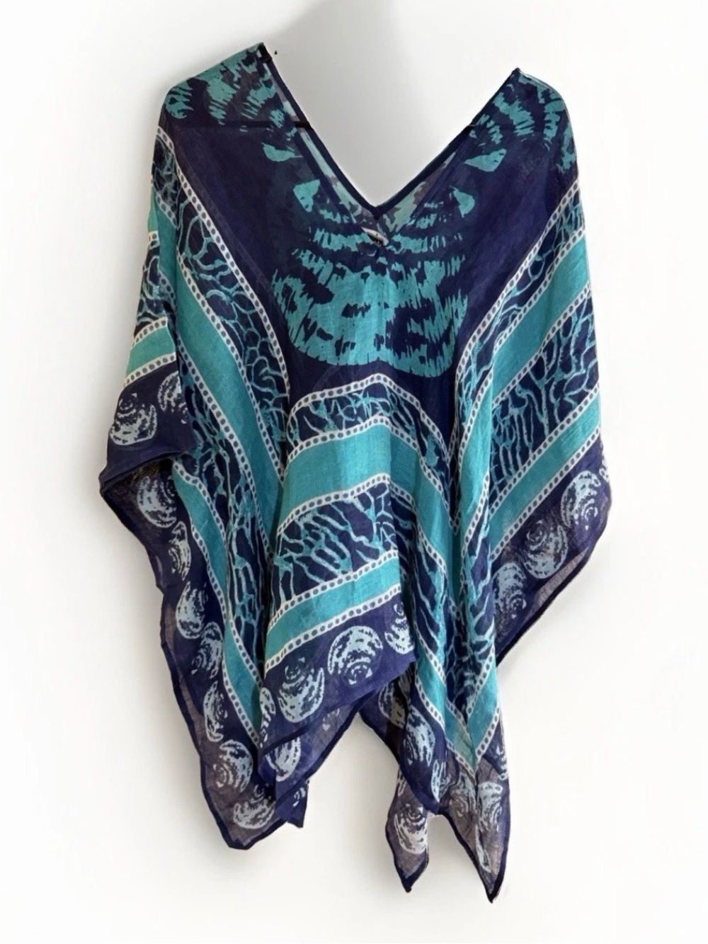 MudPie Cover‎ Up Poncho V-Neck One Size OS Blue Teal Linen Viscose Beach Kaftan